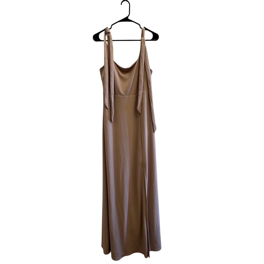 Birdy Grey Taupe Tie Shoulder Cowl Neck Maxi Dress Slit Formal Gown Large
